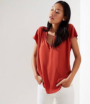 Loft Split Neck Shirred Flutter Tee