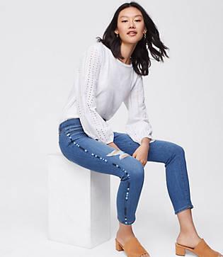 Loft Modern Embroidered Skinny Ankle Jeans In Bright Medium Stonewash