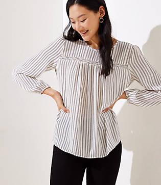Loft Striped Smocked Mixed Media Blouse