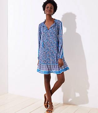 Loft Beach Floral Paisley Tie Neck Dress