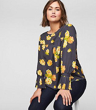 Loft Plus Peony Pleated Cuff Blouse