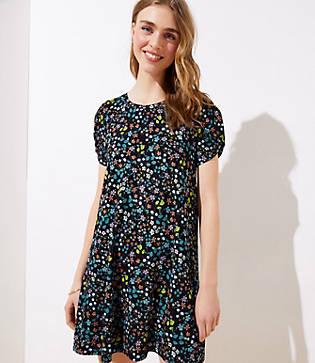 Loft Floral Puff Sleeve Swing Dress