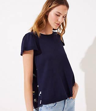 Loft Floral Mixed Media Tie Back Flutter Sweater