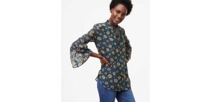 Loft Peony Tie Neck Bell Sleeve Blouse