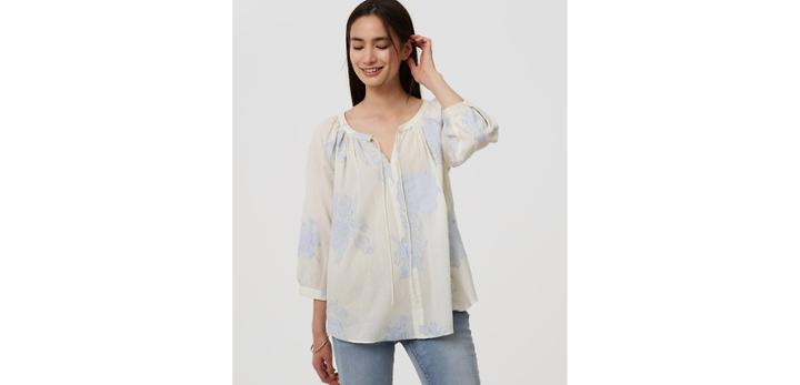 Loft Shimmer Floral Tie Neck Softened Shirt