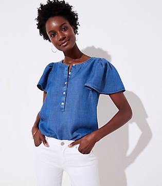 Loft Chambray Flutter Henley Top