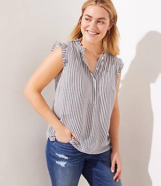 Loft Plus Striped Ruffle Henley Shell