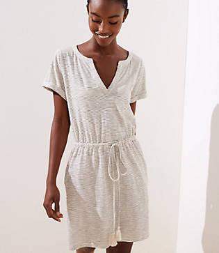 Loft Beach Striped Split Neck Drawstring Dress
