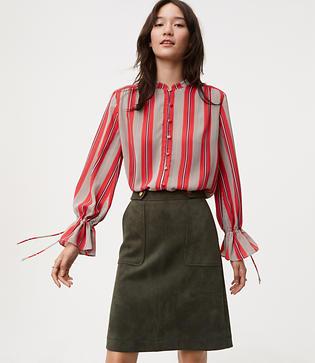 Loft Spiced Stripe Covered Button Tie Cuff Blouse