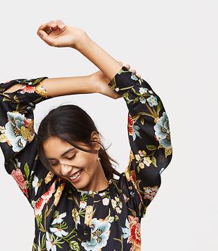 Loft Poppy Bloom Shirred Keyhole Blouse