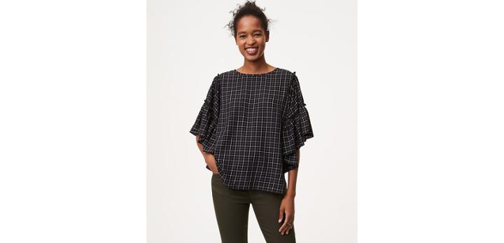 Loft Plaid Cascade Sleeve Blouse