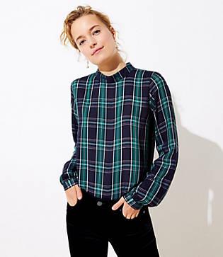 Loft Plaid Mock Neck Blouse