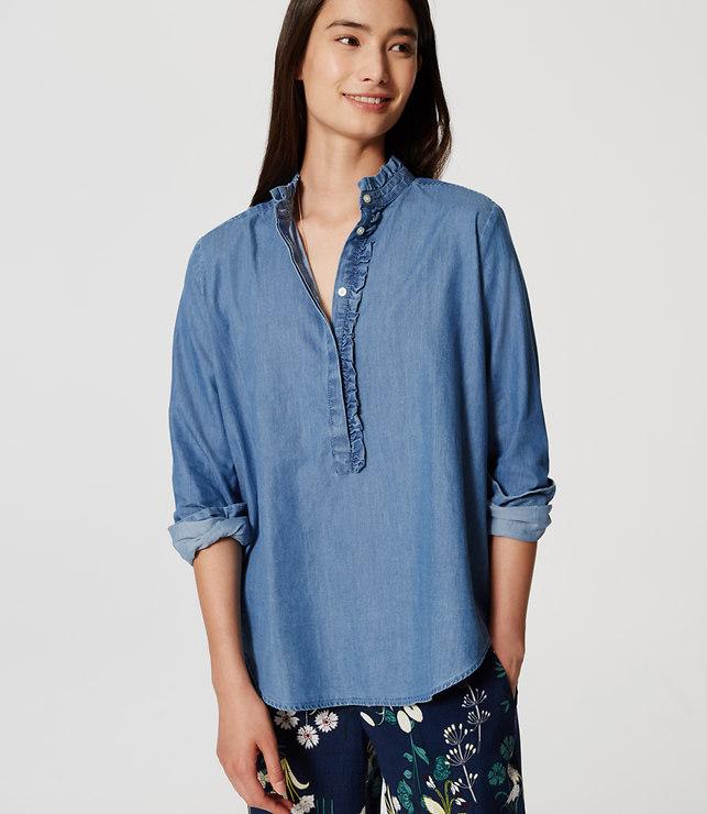 Loft Chambray Ruffle Henley Shirt