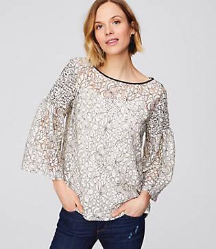 Loft Floral Lace Smocked Sleeve Top