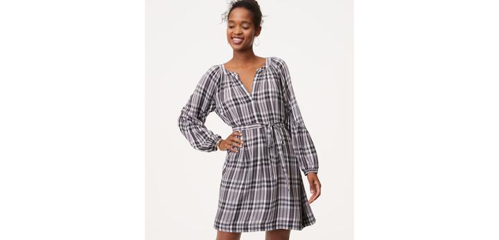 Loft Plaid Smocked Sleeve Shirtdress