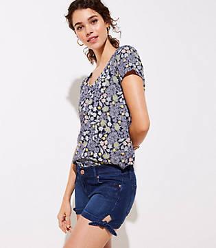 Loft Tie Cuff Denim Shorts In Dark Enzyme Wash