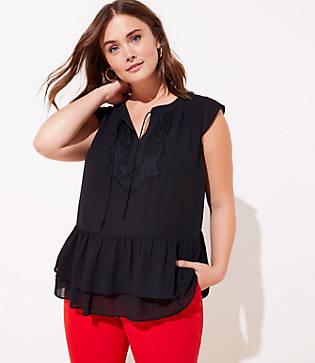 Loft Plus Lacy Tie Neck Flounce Shell