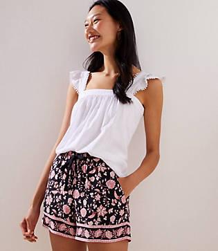 Loft Border Floral Fluid Drawstring Shorts With 4 Inch Inseam