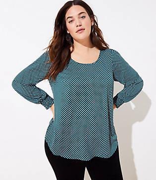 Loft Plus Dotted Smocked Cuff Scoop Neck Blouse