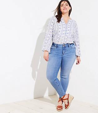 Loft Plus Frayed Skinny Jeans In Refined Mid Indigo Wash