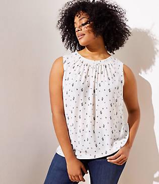 Loft Plus Floral Smocked Mixed Media Shell