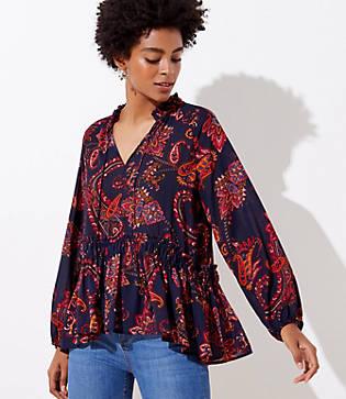 Loft Paisley Smocked Tie Neck Flounce Top