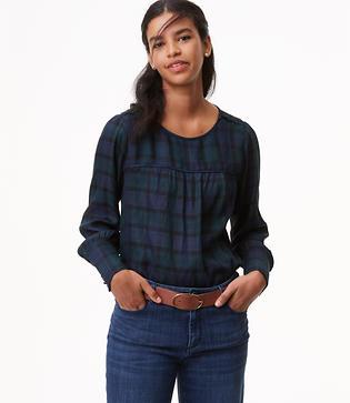Loft Plaid Covered Shoulder Button Blouse