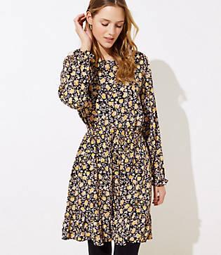 Loft Floral Tie Waist Ruffle Flare Dress