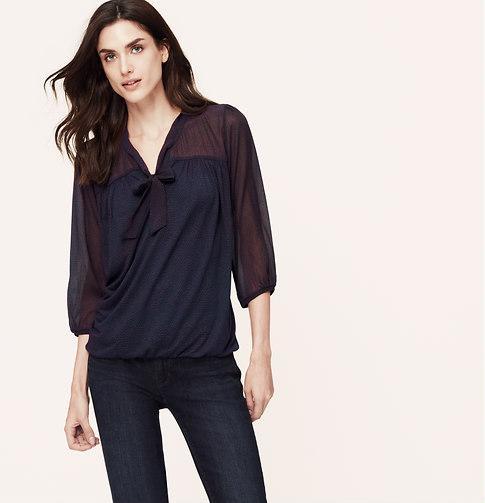 LOFT Petite Rain Dot Tie Neck Blouse, Intense Burgundy