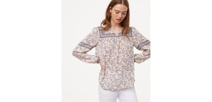 Loft Delicate Vine Split Neck Blouse
