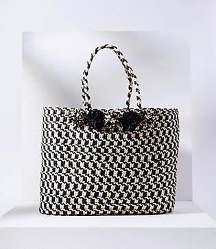 Loft Houndstooth Pom Pom Straw Tote
