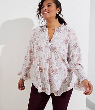 Loft Plus Floral Paisley Ruffle Split Neck Blouse