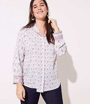 Loft Plus Garden Trellis Collarless Button Down Blouse
