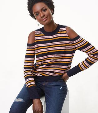 Loft Striped Chenille Cold Shoulder Sweater