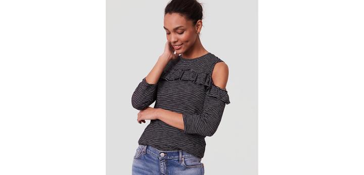Loft Striped Ruffle Cold Shoulder Tee