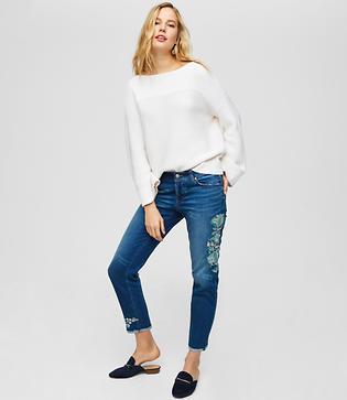 Loft Floral Embroidered Boyfriend Jeans In Destructed Indigo Wash