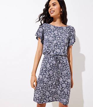 Loft Floral Tie Waist Flare Dress