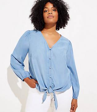 Loft Plus Chambray Tie Hem Blouse