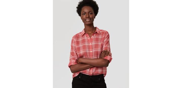 Loft Plaid Shirred Softened Shirt