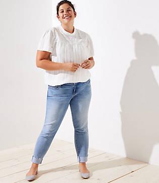 Loft Plus Pearlized Trim Flip Cuff Skinny Jeans In Staple Light Indigo Wash