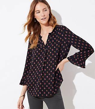 Loft Floral Ruffle Split Neck Blouse