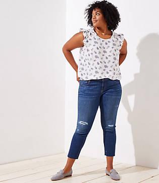 Loft Plus Destructed Straight Leg Jeans In Mid Indigo Wash