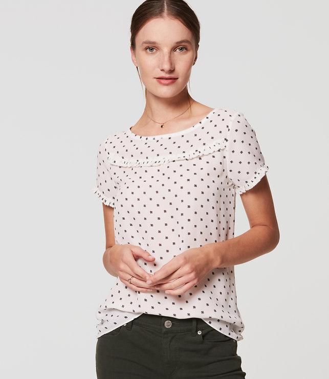 Loft Geo Ruffle Trim Mixed Media Top