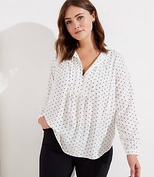 Loft Plus Dotted Pleated Tie Neck Blouse