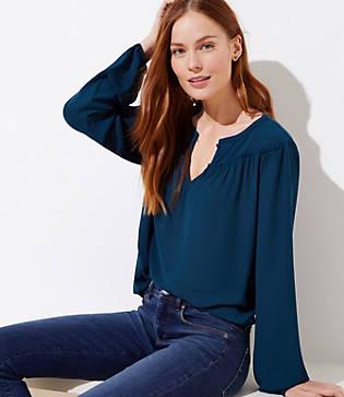 Loft Shirred Keyhole Mixed Media Top