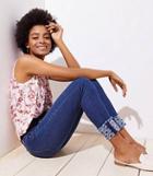 Loft Embroidered Roll Cuff Slim Pocket Skinny Jeans In Stone Wash