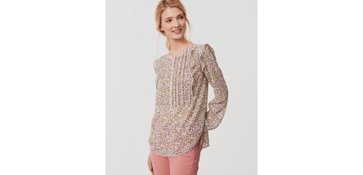 Loft Inked Floral Ruffle Pintucked Blouse
