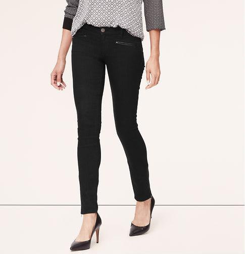LOFT Faux Leather Trim Skinny Ankle Zip Jeans in Black, Black