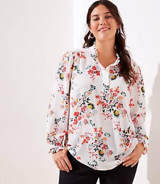 Loft Plus Floral Ruffle Henley Utility Blouse
