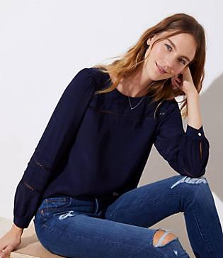 Loft Pintucked Lace Trim Blouse